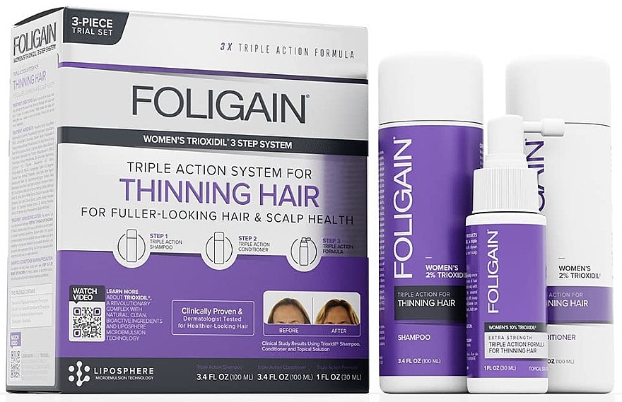 Haarpflegeset - Foligain Triple Action Hair Care System For Women (Haarshampoo 100ml + Conditioner 100ml + Haarserum 30ml) — Bild N1