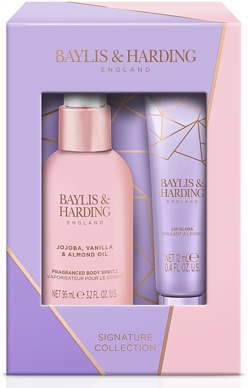 Set - Baylis & Harding Jojoba, Vanilla & Almond Oil Luxury Instant Glam Gift Set (Körperspray 95ml + Lipgloss 12ml) — Bild N1