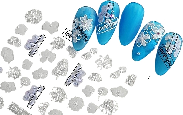 Selbstklebende Nagelsticker 5D weiße Blumen  - Deni Carte — Bild N1