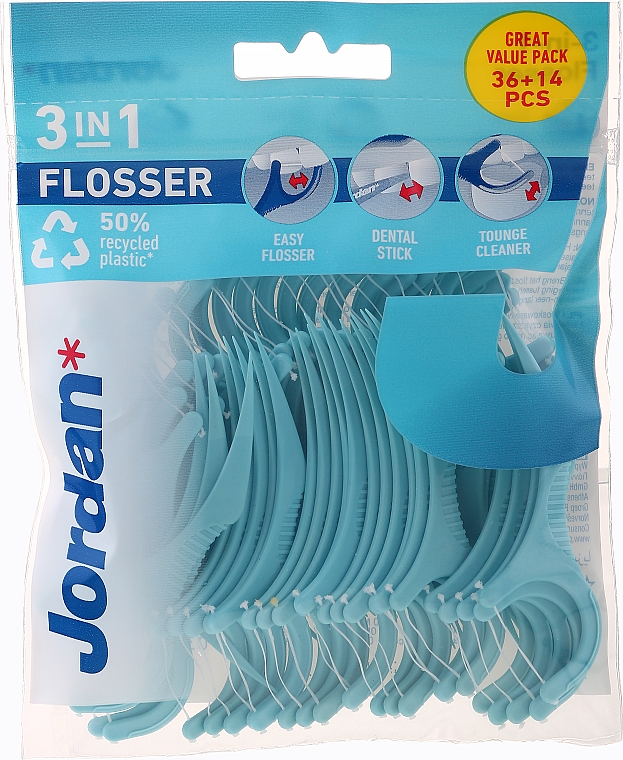 3in1 Zahnseide-Sticks blau 50 St. - Jordan 3-in-1 Flosser Dental Stick & Tongue Cleaner — Bild N1
