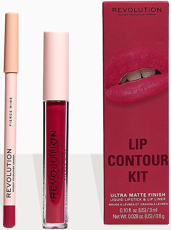 Makeup Revolution Lip Contour Kit Fierce Wine (Flüssiger Lippenstift 3ml + Lippenkonturenstift 0.8g) - Lippenset — Bild N2