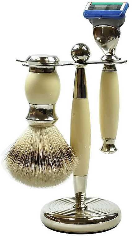 Set - Golddachs Pure Bristle, Fusion Polymer Ivory Chrom (sh/brush + razor + stand) — Bild N1