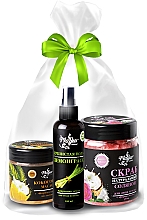 Geschenkset mit Orange, Lemongras und Rose - Mayur (Kokosöl für Gesicht und Körper mit Orange 140ml + Duftwasser für Körper und Haar mit Lemongras 100ml + Salzpeeling für Gesicht und Körper mit Rosenöl 250g) — Bild N1