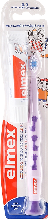 Kinderzahnbürste 0-3 Jahre weich lila mit Gi­raf­fen - Elmex Learn Toothbrush Soft + Toothpaste 12ml — Bild N2
