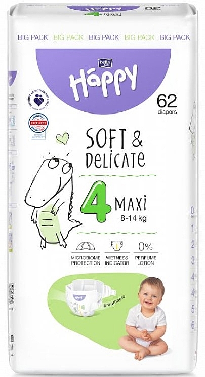 Babywindeln 8-14 kg Größe 4 Maxi 62 St. - Bella Baby Happy Soft & Delicate  — Bild N1