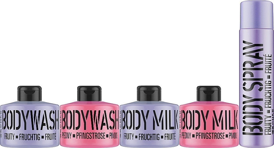 Körperpflegeset Rosa Pfingstrose und Fruchtiges Lila - Mades Cosmetics Beauty Booster Fruity (Duschgel 2x100ml + Körpermilch 2x100ml + Körperspray 100ml) — Bild N2