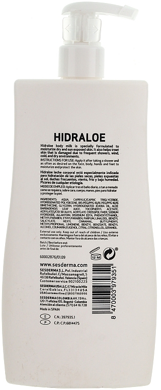 Feuchtigkeitsspendende und schützende Körpermilch - SesDerma Laboratories Hidraloe Body Milk — Bild N2