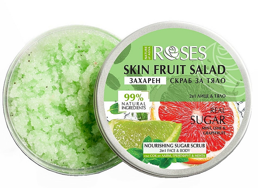 2in1 Nährendes Zuckerpeeling für Körper und Gesicht mit Minze, Limetten- und Grapefruitsaft - Nature of Agiva Roses Body Fruit Salad Nourishing Sugar Scrub — Bild N1