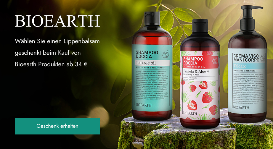 Beim Kauf von Bioearth Produkten ab 34 € erhalten Sie einen Lippenbalsam Ihrer Wahl geschenkt: Aloe & Rosa Mosqueta, Aloe & Hyaluronic Acid, Aloe & Shea Butter