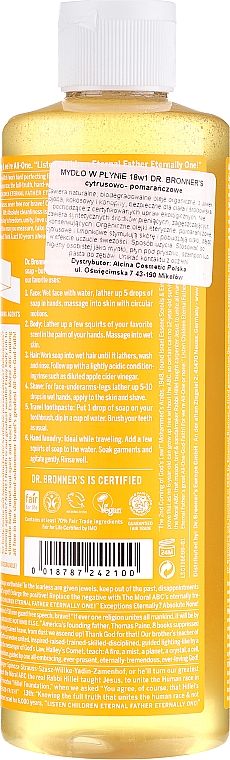 18in1 Flüssige Hand- und Körperseife mit Zitrus-Orange - Dr. Bronner’s 18-in-1 Pure Castile Soap Citrus & Orange — Bild N6