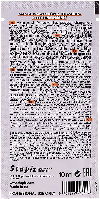 Regenerierende Haarmaske für trockenes und strapaziertes Haar mit Seidenprotein - Stapiz Sleek Line Repair Hair Mask (Probe) — Bild N2