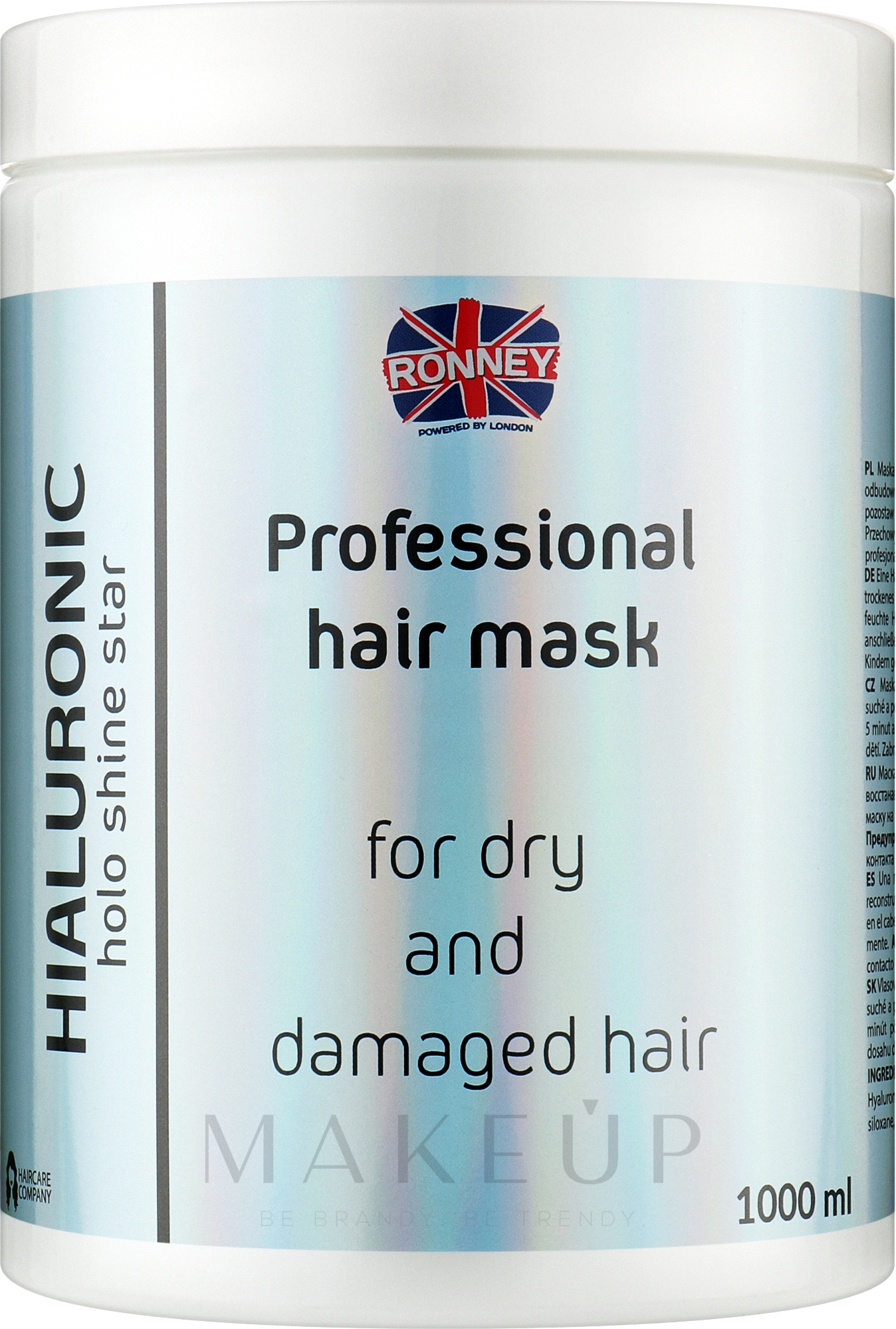 Feuchtigkeitsspendende Maske für trockenes und geschädigtes Haar mit Hyaluronsäure - Ronney Professional Holo Shine Star Hialuronic Mask — Bild 1000 ml