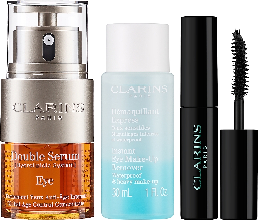 Augen-Make-up Set - Clarins Double Serum Eye Set (Augenserum 20ml + Mascara 3ml + Make-up Remover 30ml + Kosmetiktasche) — Bild N2