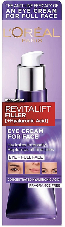 Intensiv feuchtigkeitsspendende Anti-Aging Gesichtscreme mit Hyaluronsäure - L'Oreal Paris Revitalift Filler [+Hyaluronic Acid] Eye Cream For Face — Bild N1