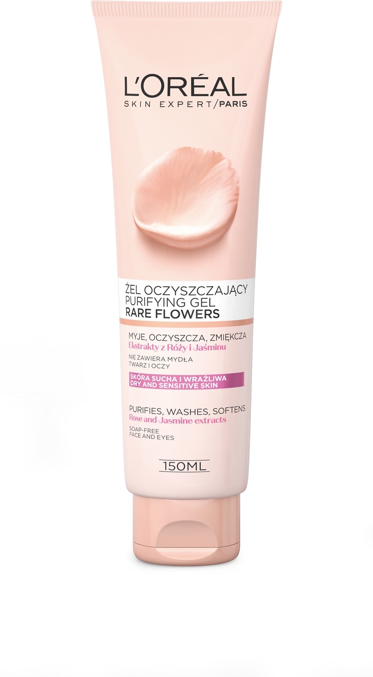 Gesichtsreinigungsgel mit Rosen- und Jasminextrakt für trockene und empfindliche Haut - L'Oreal Paris Rare Flowers Puryfaing Gel Dry and Sensative Skin — Bild 150 ml