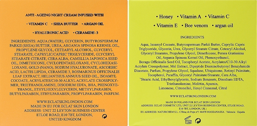 Gesichtspflegeset - Eclat Skin London Bee Venom + Manuka Honey + Vitamin C + Shea Butter Night Moisturiser (Gesichtscreme 2x50ml) — Bild N2