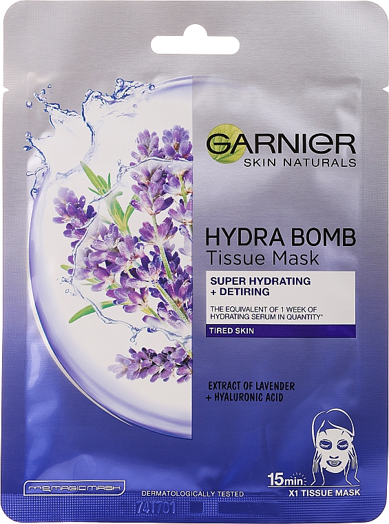 Intensiv feuchtigkeitsspendende Tuchmaske für das Gesicht mit Lavendelextrakt und Hyaluronsäure - Garnier Skin Naturals Hydra Bomb Tissue Mask Lavanda — Bild N1