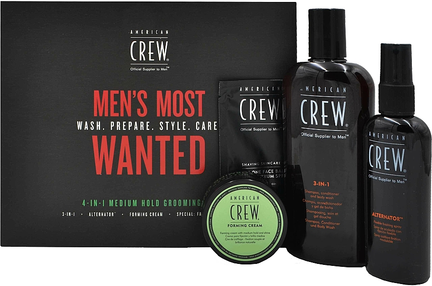 Haarpflegeset - American Crew Men's Most Wanted (3in1 Shampoo, Conditioner und Duschgel 250ml + Modellierende Haarcreme 50g + Haarstylingspray Flexibler Halt 100ml + Feuchtigkeitsspendender Gesichtsbalsam 7.4ml) — Bild N1