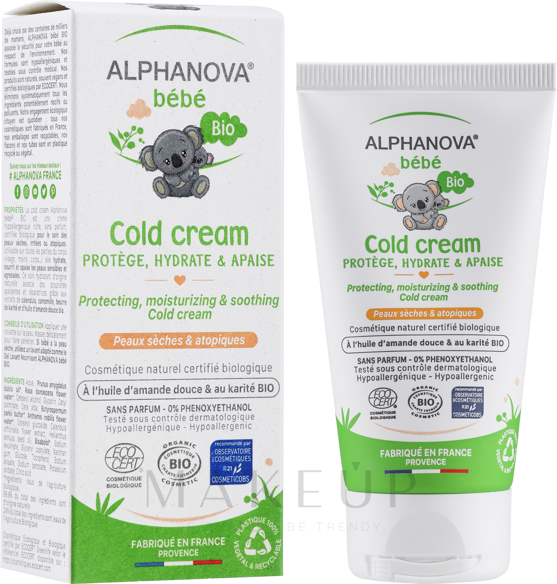 Reichhaltige parfümfreie Creme für Gesicht und Körper zur Pflege trockener und sehr trockener Haut - Alphanova Bebe Cold Cream — Bild 50 ml