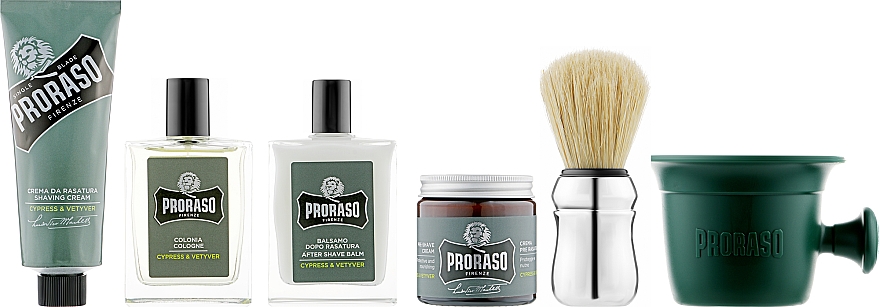 Set - Proraso Cypress & Vetyver (pre/sh/cream/100ml + soap/100ml + after/sh/balm/100ml + cologne/100ml + mug + sh/brush) — Bild N2
