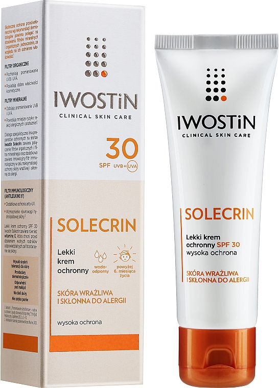 Leichte Schutzcreme für empfindliche und zu Allergien neigende Gesichtshaut SPF 30 - Iwostin Solecrin Light Protective Cream SPF30 — Bild N2