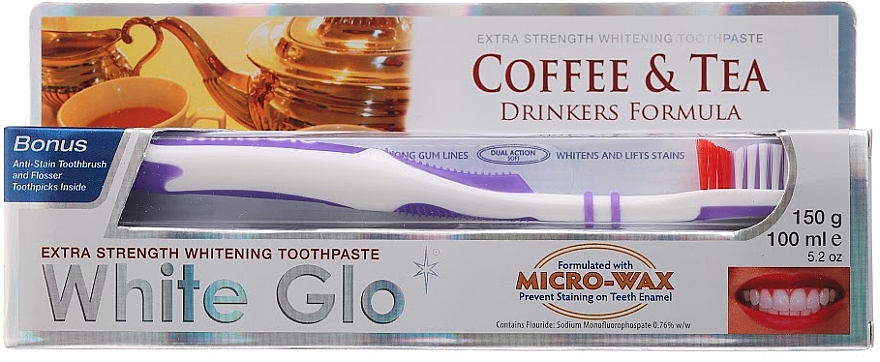 Zahnpflegeset für Kaffee- und Teetrinker - White Glo Coffee & Tea Drinkers Formula Whitening Toothpaste (Zahnpasta 100ml + Zahnbürste) — Bild N1