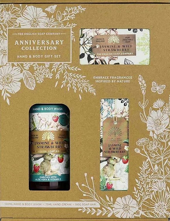 Set - The English Soap Company Anniversary Collection Jasmine And Wild Strawberry Hand And Body Gift Box (soap/190g + h/cr/75ml + h/wash/500ml) — Bild N1