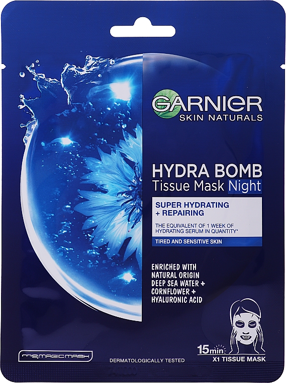 Intensiv feuchtigkeitsspendende und regenerierende Tuchmaske für die Nacht mit Meerwasser, Kornblume und Hyaluronsäure - Garnier Skin Naturals Hydra Bomb Tissue Mask Sea Water — Bild N1