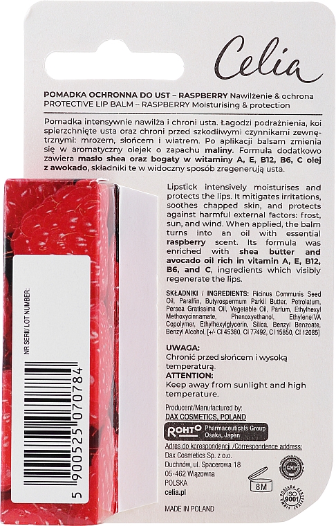 Pflegender Lippenbalsam mit Himbeeröl, Avocadoöl und Sheabutter - Celia Protective Lipstick Lip Balm With Raspberry Oil — Bild N3
