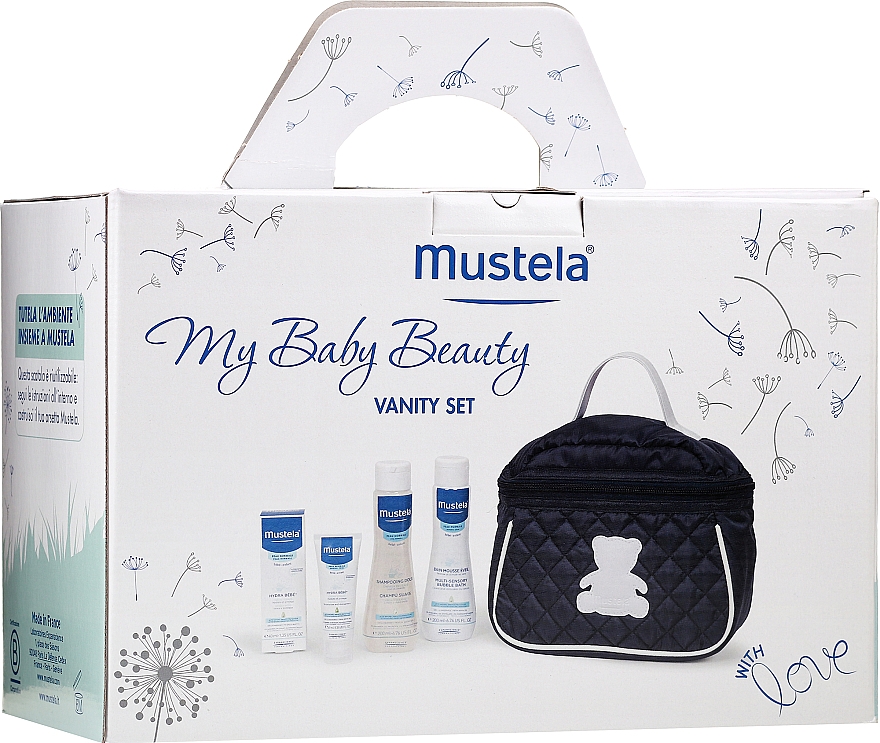 Haar- und Körperpflegeset für Babys - Mustela My Baby Beauty Vanity Set (Shampoo 200ml + Badeschaum 200ml + Gesichtscreme 40ml + Kosmetiktasche)