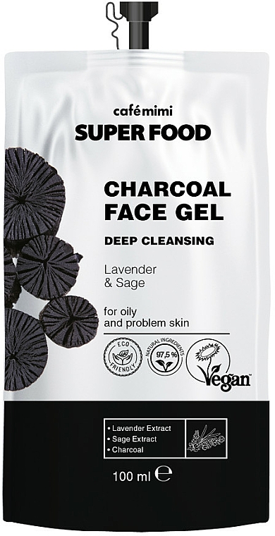 Tiefenreinigendes Gesichtsreinigungsgel mit Holzkohle, Lavendel- und Salbeiextrakt für fettige und Problemhaut - Cafe Mimi Super Food