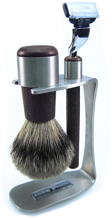 Set - Golddachs Pure Bristle, Wenge Wood, Stainless Steel, Mach3 (sh/brush + razor + stand) — Bild N1