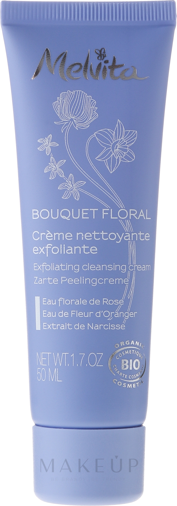 Zarte Peelingcreme für das Gesicht mit Rosen- und Orangenblütenwasser und Narzissenextrakt - Melvita Bouquet Floral Exfoliating Cleansing Cream — Bild 50 ml