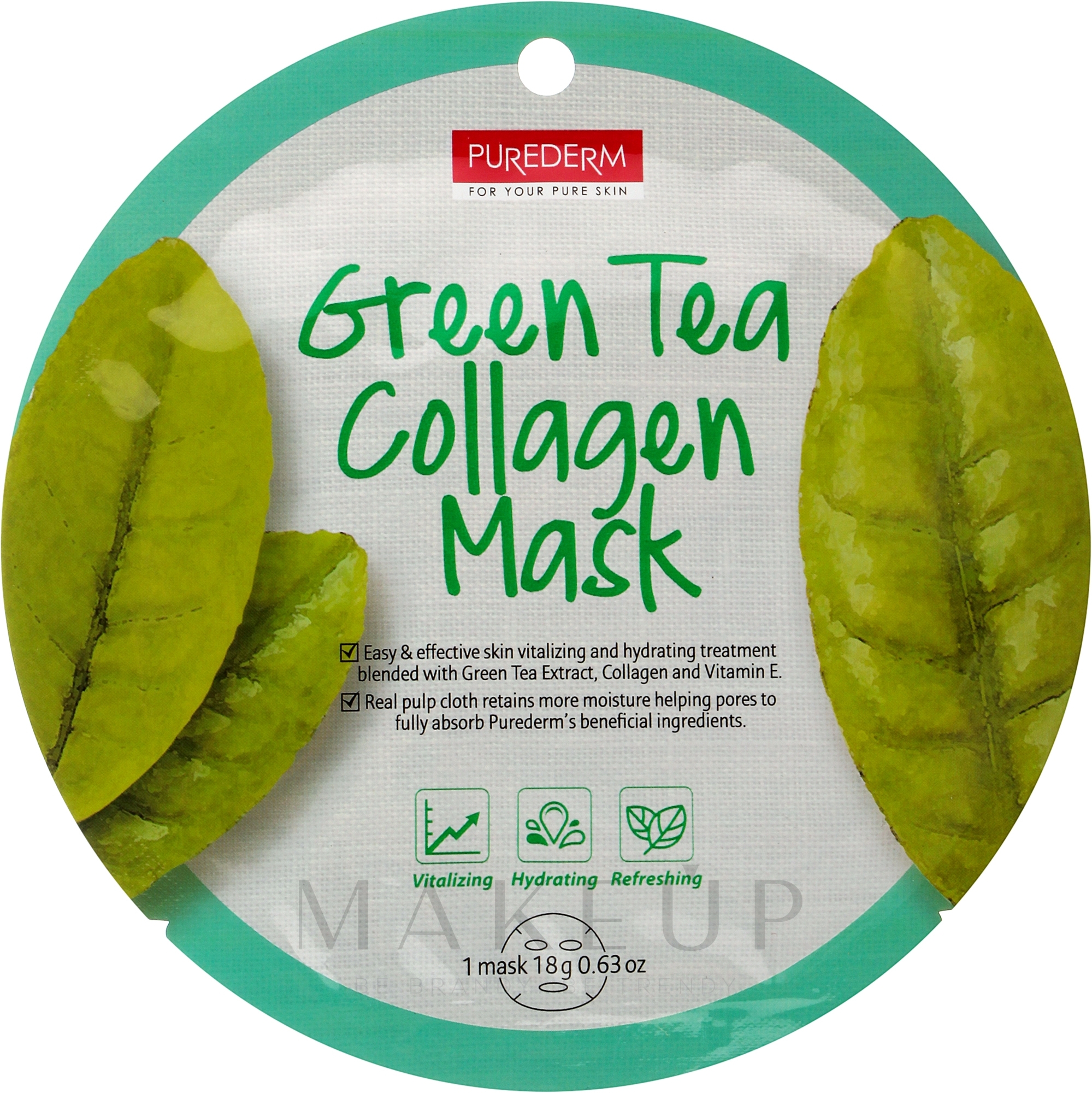 Feuchtigkeitsspendende und tonisierende Tuchmaske mit Grüntee-Extrakt, Kollagen und Vitamin E - Purederm Green Tea Collagen Mask — Bild 18 g