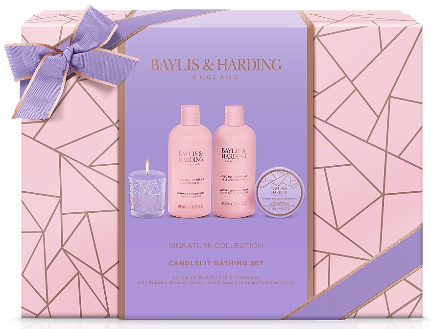 Set - Baylis & Harding Jojoba, Vanilla & Almond Oil Luxury Candlelit Bathing Gift Set (sh/cr/300ml + h/b/lot/50ml + b/bubble/300ml + candle/60g) — Bild N1