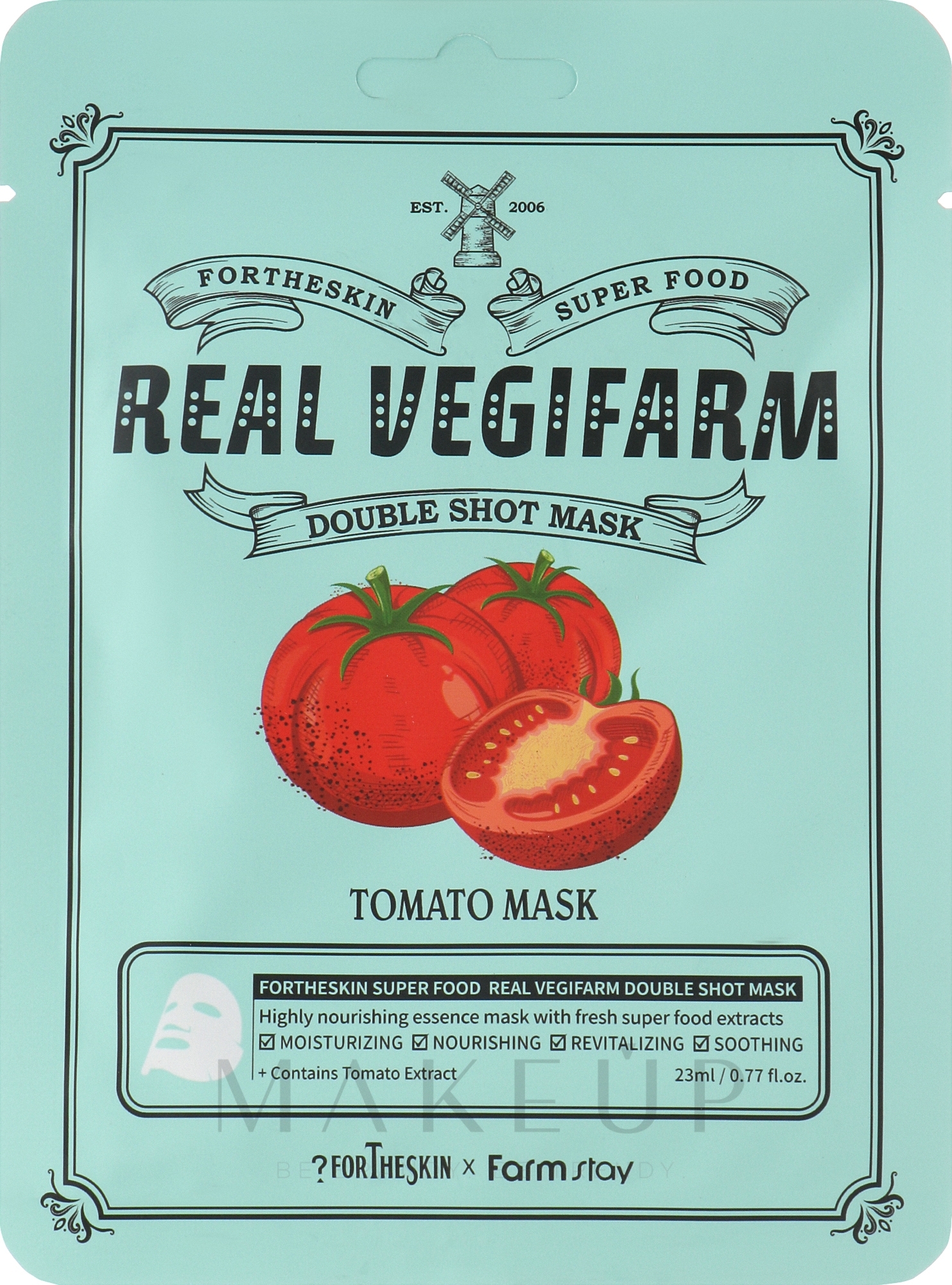 Aufhellende Gesichtsmaske mit Tomatenextrakt - Fortheskin Super Food Real Vegifarm Double Shot Mask Tomato — Bild 23 ml