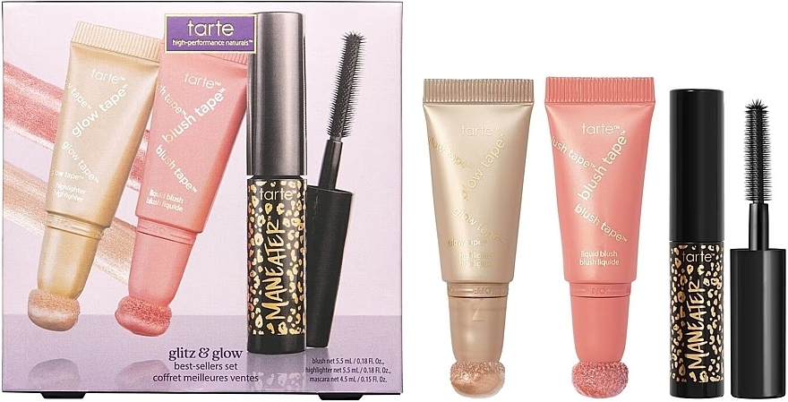 Geschenkset (Highlighter 5,5 ml + Rouge 5,5 ml + Wimperntusche 4,5 ml) - Tarte Cosmetics Glitz & Glow Best-Sellers Set (highl/5,5ml + blush/5,5ml + mascara/4,5ml) — Bild N1