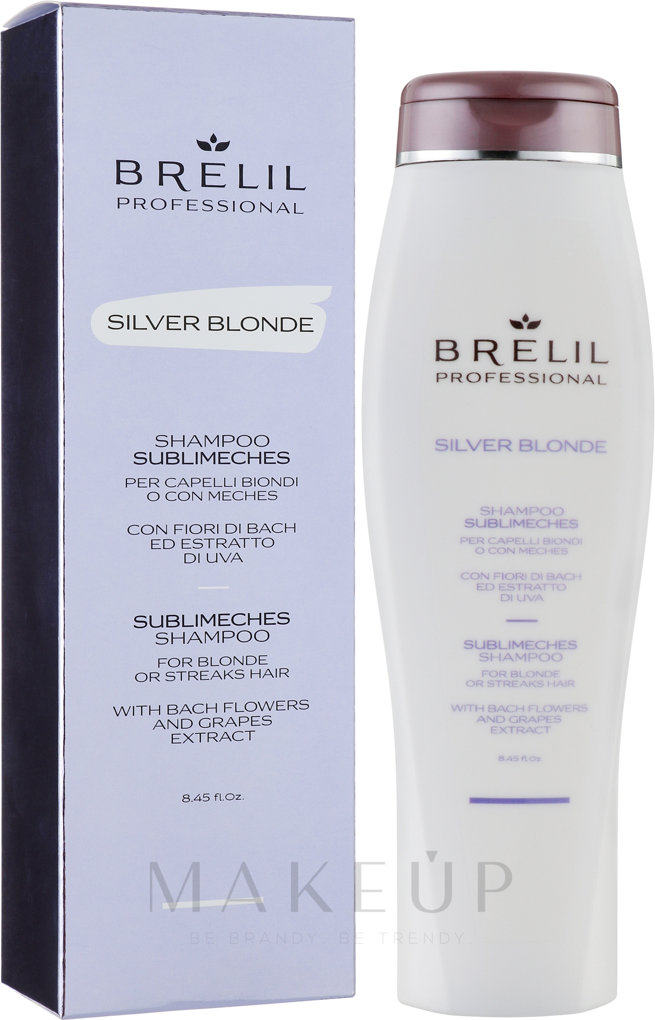 Anti-Gelbstich Shampoo für blondes und gesträhntes Haar mit Bachblüten und Traubenextrakt - Brelil Silver Blonde Sublimeches Shampoo — Bild 250 ml