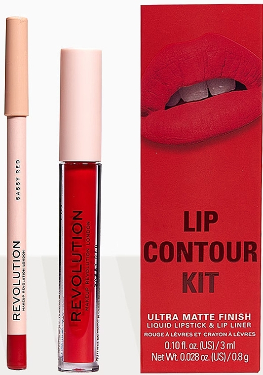 Makeup Revolution Lip Contour Kit Sassy Red (Flüssiger Lippenstift 3ml + Lippenkonturenstift 0.8g) - Lippenset — Bild N2