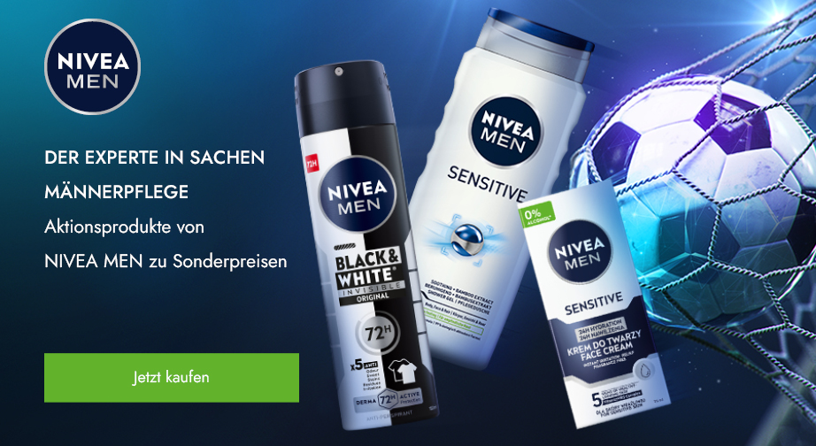 Rabatt auf das Aktionssortiment von NIVEA MEN. Die Preise auf der Website sind inklusive Rabatt