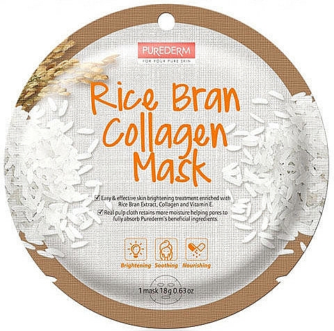 Beruhigende und aufhellende Tuchmaske für das Gesicht mit Reiskleie, Vitanimin E und Kollagen - Purederm Rice Bran Collagen Circle Mask — Bild N1
