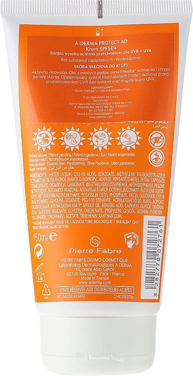 Sonnenschutzcreme für Kinder SPF 50+ - A-Derma Protect AD Children Cream Very High Protection SPF 50+ — Bild N2