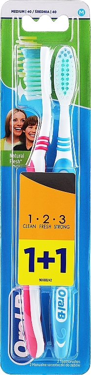 Zahnbürsten-Set (mittel, rosa, blau) - Oral-B 1 2 3 Natural Fresh 40 Medium 1 + 1  — Bild N1