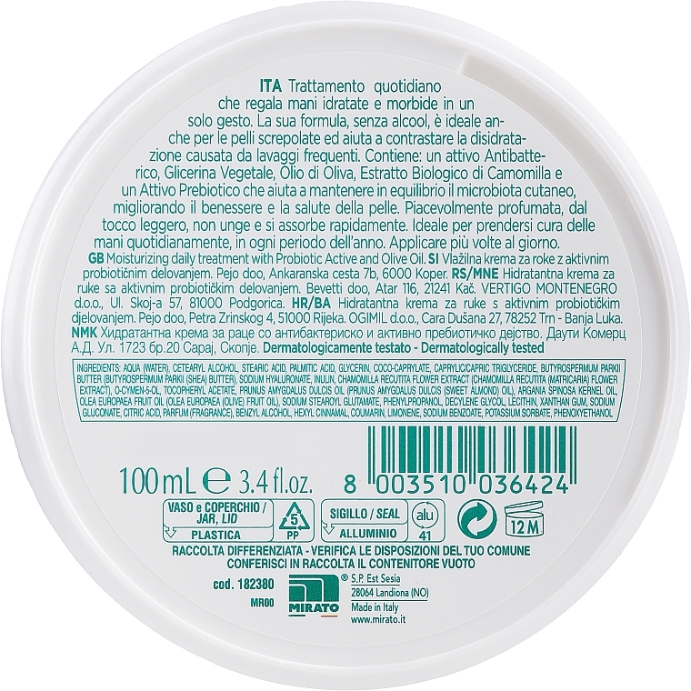Feuchtigkeitsspendende antibakterielle Creme mit Kamillenextrakt - Mirato Glicemille Hand Cream With Antibacterial  — Bild N1