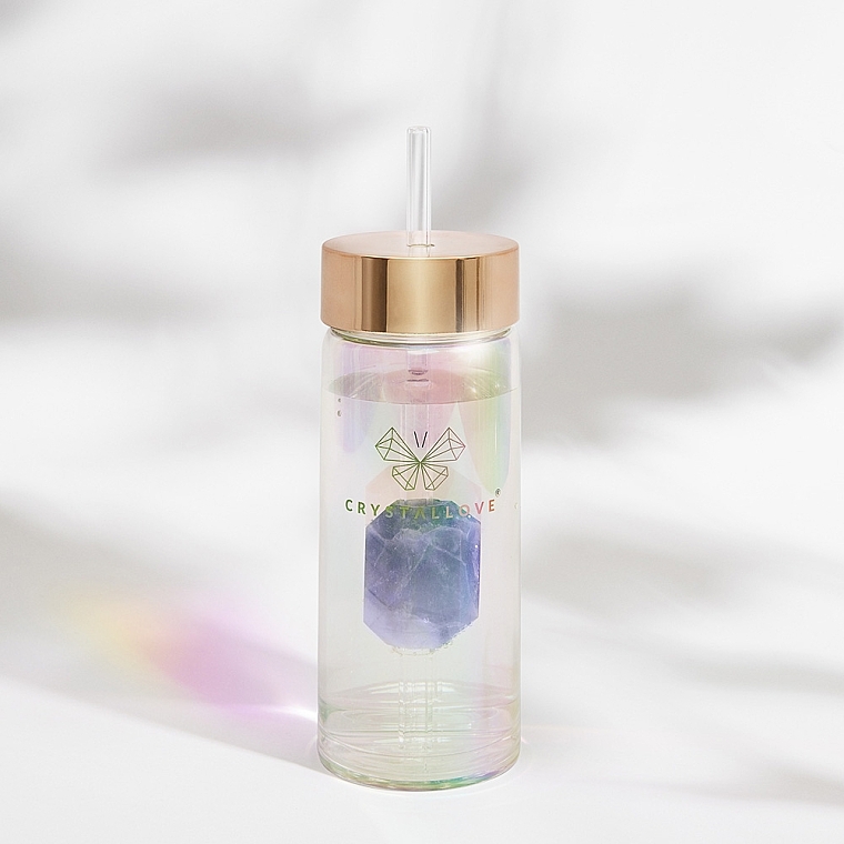 Holographische Glaswasserflasche mit Amethyst und Trinkhalm, 400 ml - Crystallove Glass Hologram Water Bottle with Amethyst and Straw — Bild N4