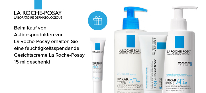 Beim Kauf von Aktionsprodukten von La Roche-Posay erhalten Sie eine feuchtigkeitsspendende Gesichtscreme La Roche-Posay 15 ml geschenkt