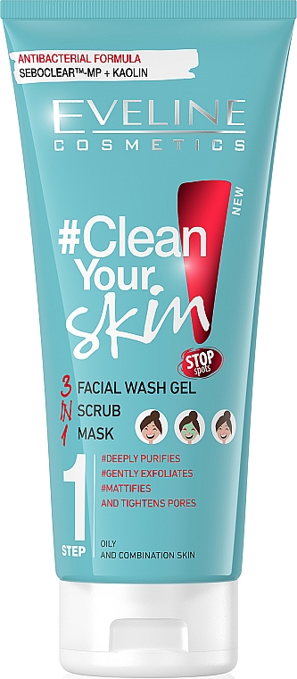 3in1 Gesichtsreinigung Waschgel + Peeling + Maske - Eveline Cosmetics #Clean Your Skin Facial Wash Gel + Scrub + Mask