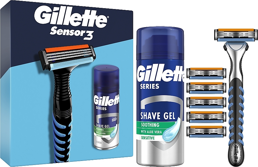 Rasierpflegeset - Gillette Sensor 3 (Rasierer 1 St. + Rasiergel 75ml + Ersatzklingen 5 St.) — Bild N2