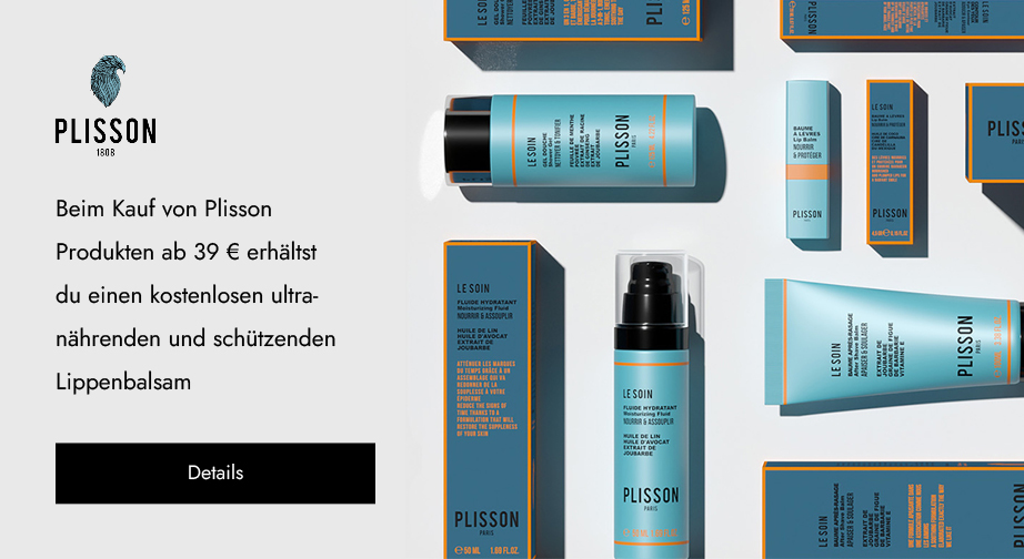 Beim Kauf von Plisson Produkten ab 39 € erhältst du einen kostenlosen ultra-nährenden und schützenden Lippenbalsam.
