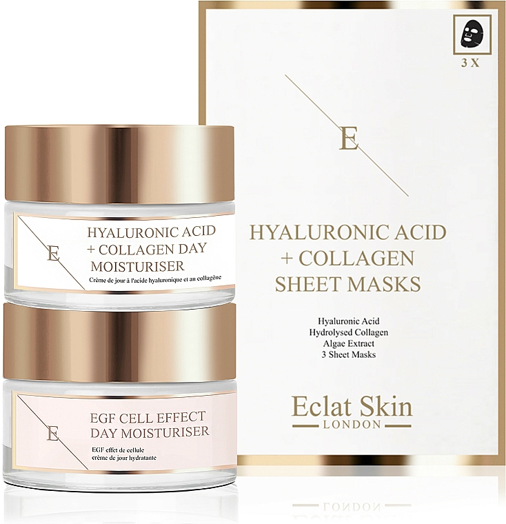 Gesichtspflegeset - Eclat Skin London Hyaluronic Acid + Collagen Giftset (Tagescreme 2x50ml + Tuchmaske 3St.) — Bild N1